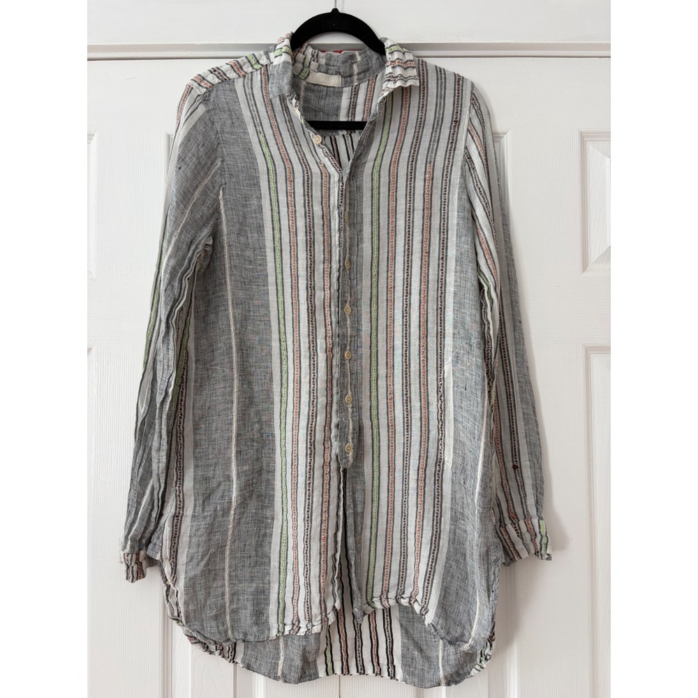CP Shades Women Grey White Striped 100% Linen Button Down Tunic Top Small